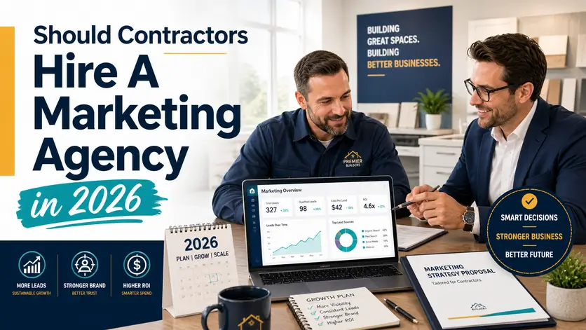 Contractor reviews a marketing dashboard with a consultant while planning business growth for 2026