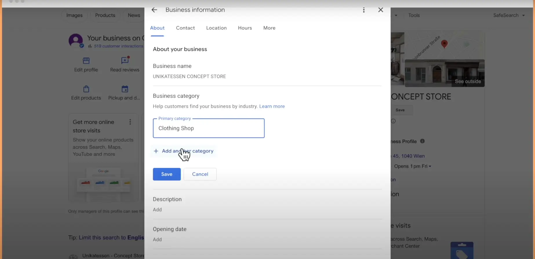 Google Business Profile editing interface showing a business with the primary category set to 'Clothing Shop.'