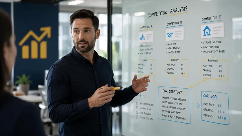 Marketing strategist presenting competitor analysis on a glass whiteboard, comparing rankings and SEO opportunities.