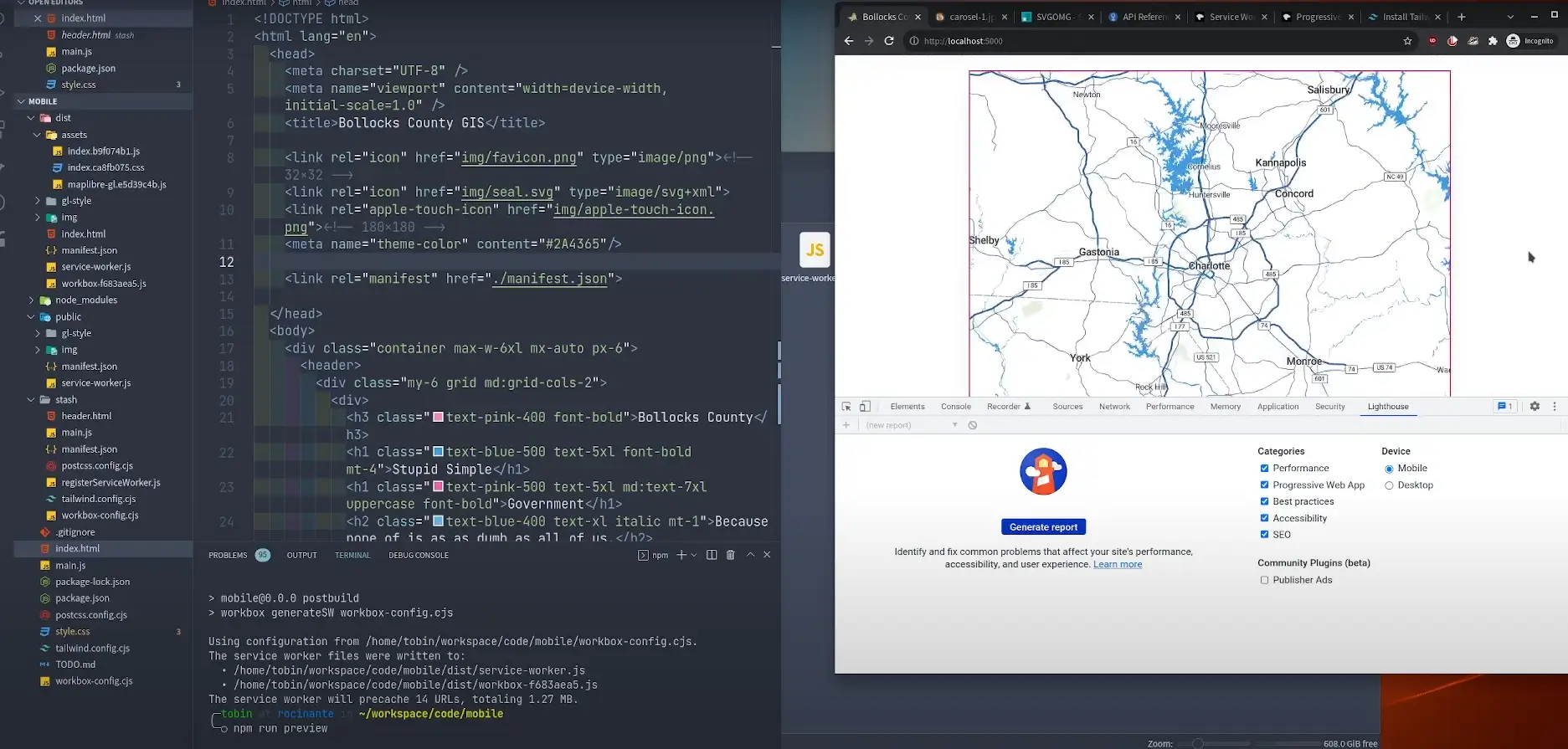 Web development interface showing code for a mobile-friendly website and a preview of a map interface optimized for local SEO with Lighthouse performance testing.