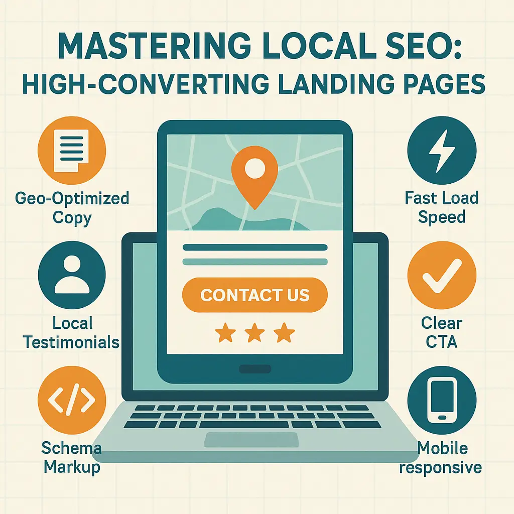 Illustration of a laptop screen displaying a landing page with a location pin, contact button, and star ratings. Surrounding icons highlight key local SEO elements: geo-optimized copy, local testimonials, schema markup, fast load speed, clear CTA, and mobile responsiveness.