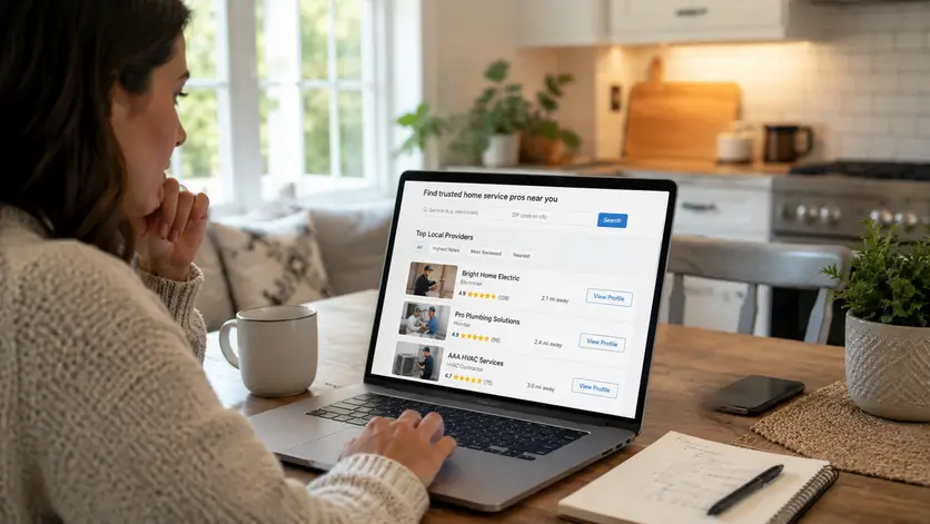 Homeowner compares local contractors online, reviewing ratings and services on a laptop before choosing a trusted provider.