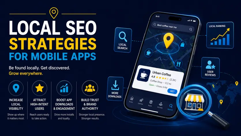 Illustration showing a mobile map with a red location pin and a smartphone displaying an app with a star icon and upward growth chart, paired with the text “Local SEO Strategies for Mobile Apps.”