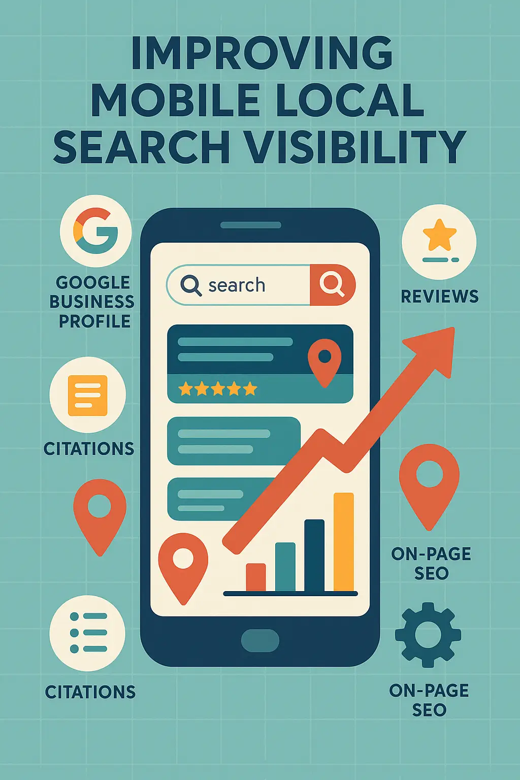 Infographic on improving mobile local search visibility, featuring elements like Google Business Profile, customer reviews, citations, and on-page SEO with a visual upward growth arrow on a smartphone screen.