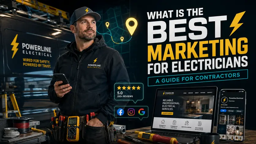 Electrician with marketing tools, review stars, website mockup, and local search graphics - best marketing for electricians
