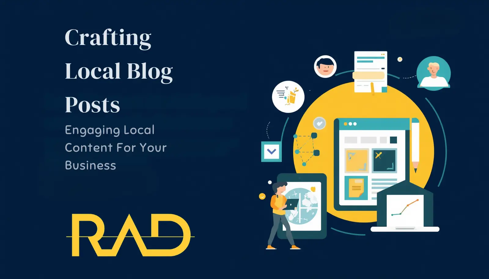 Illustration of a laptop and smartphone promoting local blog content creation, with icons for SEO, local keywords, and community events.