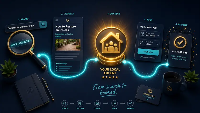 Search query to booked job journey shown in 3D, with glowing aqua path, article page, and golden customer icon.