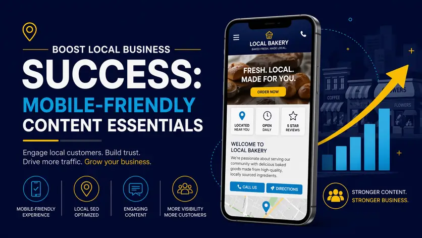 Infographic highlighting mobile-friendly content essentials including responsive layout, fast loading, touch-friendly buttons, structured images, compressed images, and alt text for local businesses.