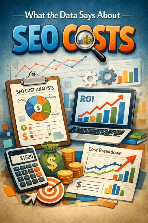 SEO costs illustration with charts, calculator, coins, and rising ROI graph beneath the title text.