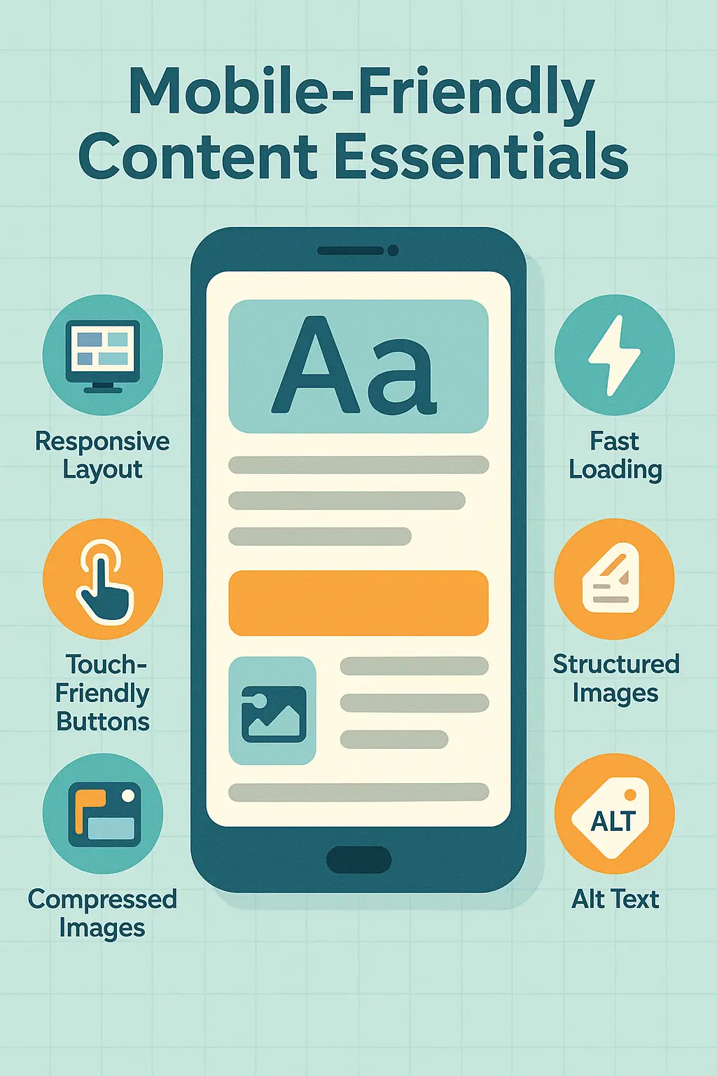 Infographic highlighting mobile-friendly content essentials including responsive layout, fast loading, touch-friendly buttons, structured images, compressed images, and alt text for local businesses.