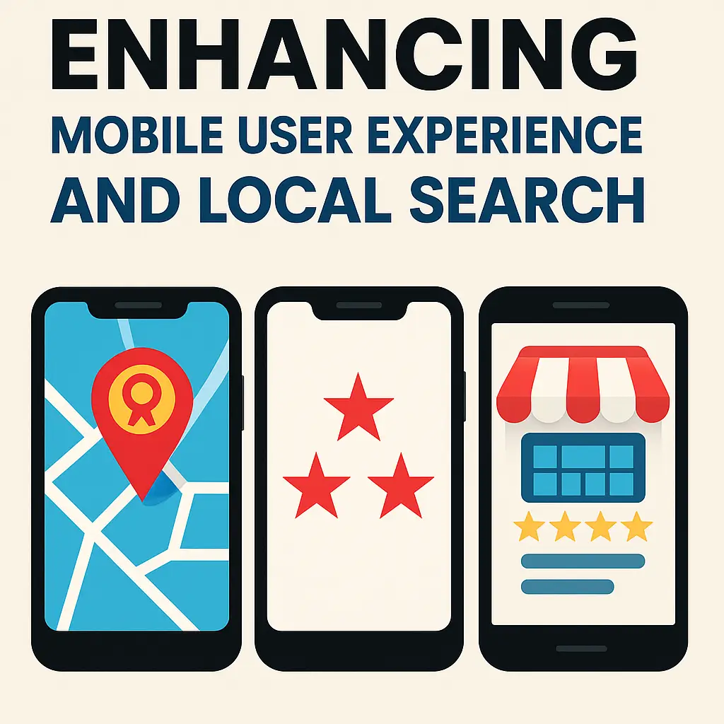 Illustration of three smartphones displaying a map with a location pin, a three-star review, and a storefront with a five-star rating—representing strategies for improving mobile user experience and local search visibility.