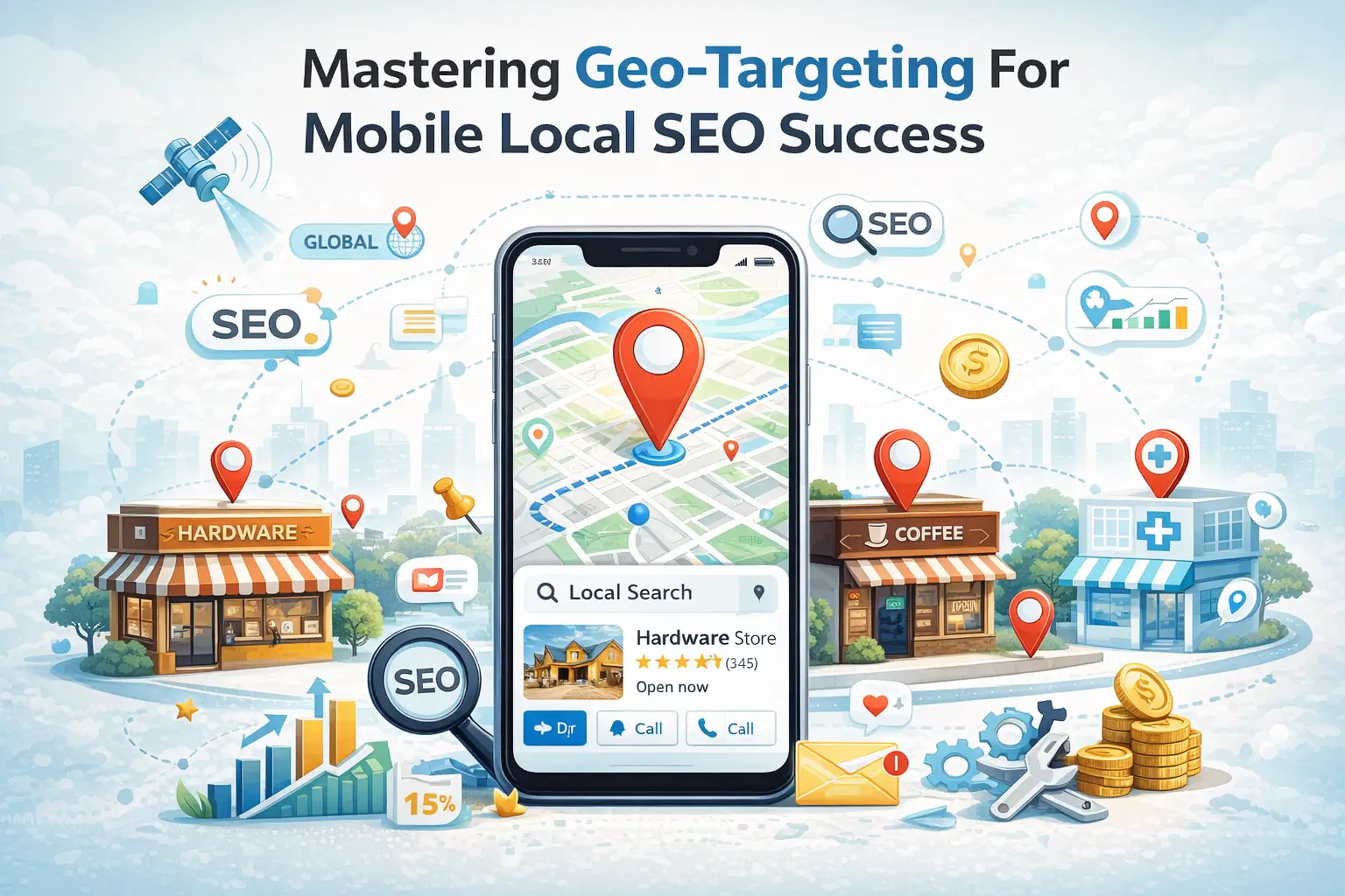 Illustration of geo-targeting for mobile local SEO showing a smartphone map with location pins, nearby businesses, and SEO icons representing local search visibility.