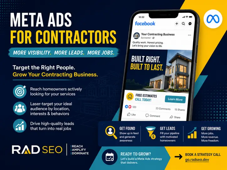 Meta Ads for Contractors graphic featuring a Facebook ad on a smartphone, contractor lead generation benefits, and RAD SEO branding