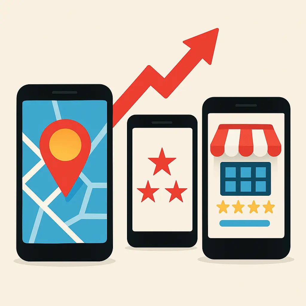 Vector graphic showing three smartphones: one with a map and location pin, one with star ratings, and one with a storefront and five-star review, all under a red upward arrow symbolizing local SEO and mobile performance growth.