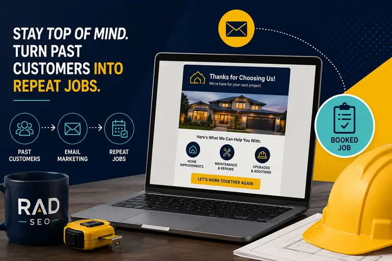 RAD SEO graphic showing contractor email marketing turning past customers into repeat booked jobs, with a laptop, email campaign, hard hat, and contractor tools.