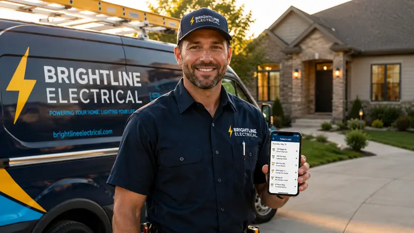 Electrician beside a branded service van shows a full job schedule, highlighting business growth through local marketing.