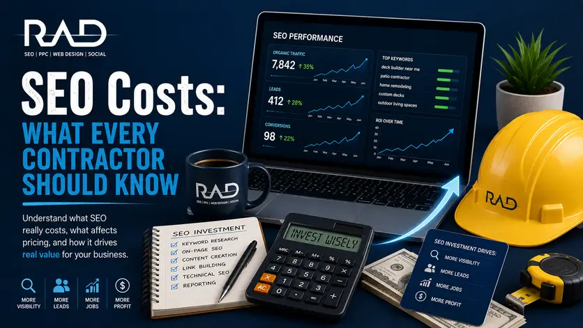 SEO costs for contractors illustrated with analytics dashboard, calculator, hard hat, and growth chart on navy background.